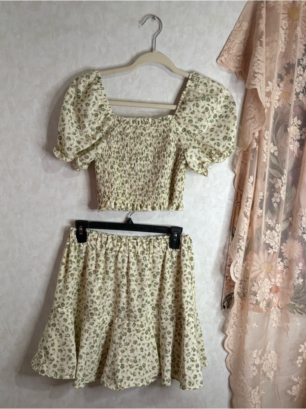 Floral Puff Sleeve Smocked Crop Top & Skirt Set - Cream with Green Print